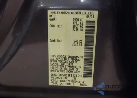 2013 Nissan Altima 2.5 Sv z USA, uszkodzony, nr VIN 1N4AL3AP2DC913121